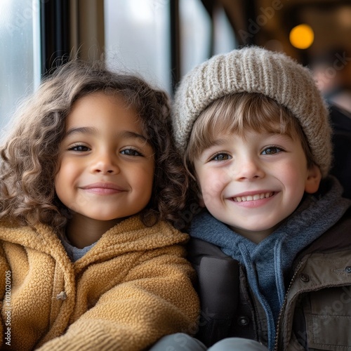 Happy Siblings Enjoying Scenic Views During Train Journey Adventure