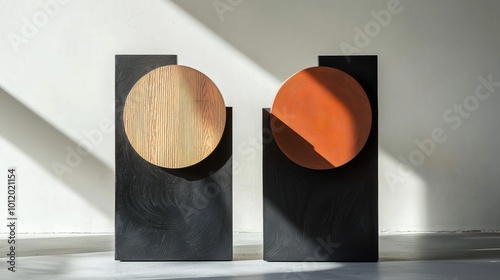 A collection of abstract wooden and stone sculptures displayed on pedestals. Each piece has a unique shape and texture, with a blend of organic curves and geometric forms, creating a modern and artist