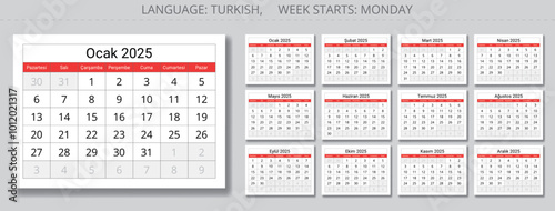 2025 year turkish calendar. Collection of paper pages of 12 months. Vector illustration for Turkey