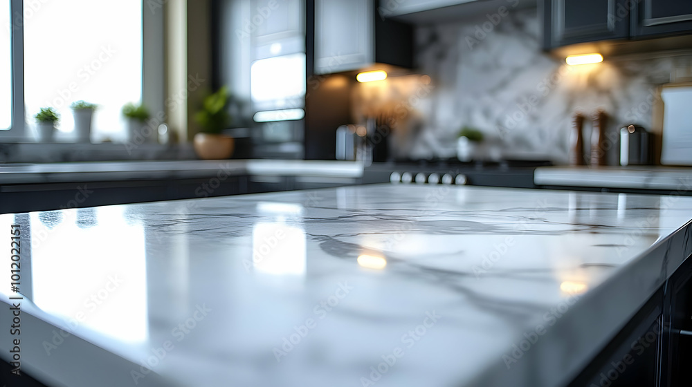 White Marble Kitchen Countertop with Blurred Background Illustration White Marble Kitchen Countertop with Blurred Background Illustration