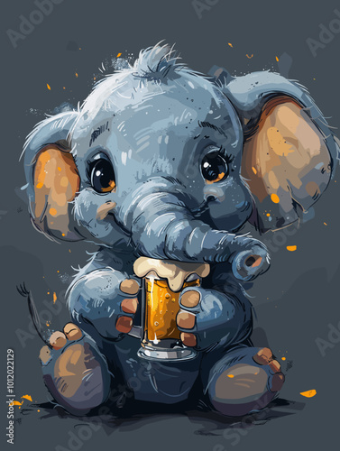 elephant with a glass of beer on a grunge background.