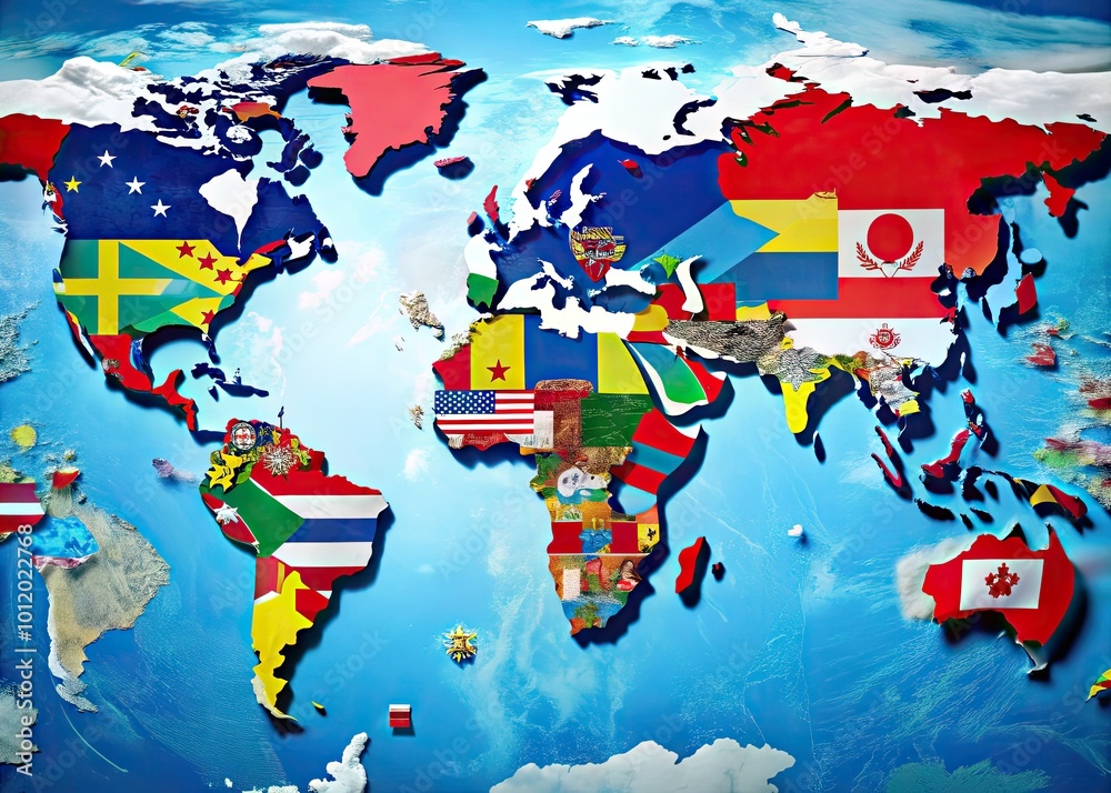 Obraz premium Colorful World Map Depicting Flags of Various Countries for Educational and Creative Purposes