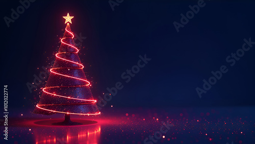 Abstract Christmas tree made of cone wrapped in a neon tube of red color with red shimmering particles and a yellow star at the top, on a dark blue background. There is a lot of free space .