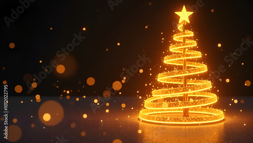 Abstract yellow Christmas tree in neon glowing tubes with shimmering particles on holiday background with bokeh, 2/3 free space for advertising.