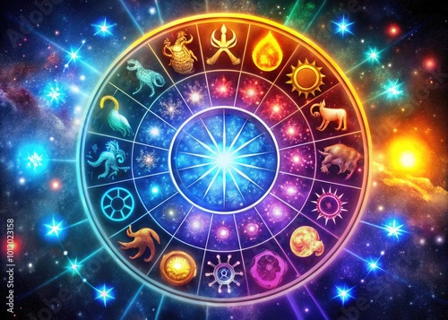 Colorful Zodiac Symbols Representing All Twelve Astrological Signs on a Starry Background