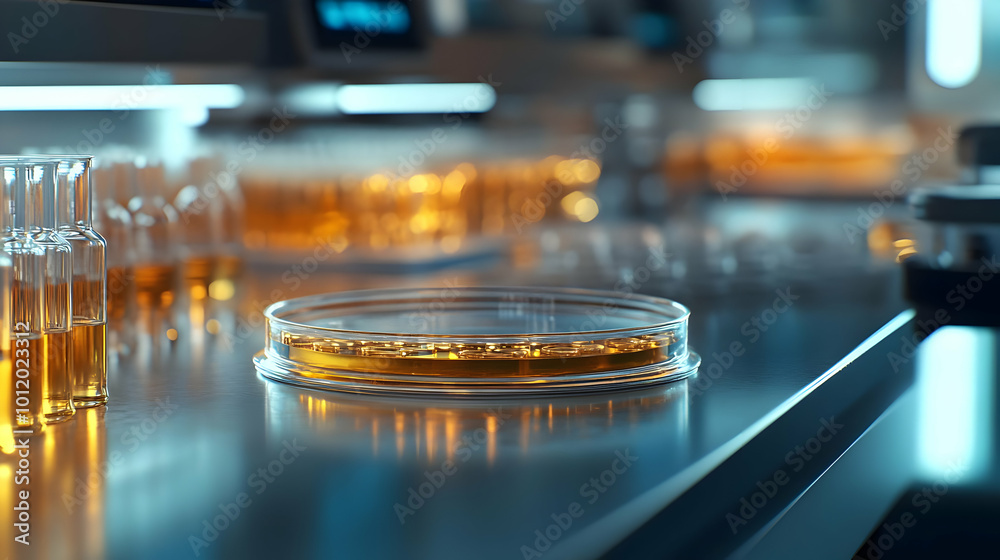 Fototapeta premium Glass Petri Dish with Liquid on Shiny Blue Surface 3D Illustration