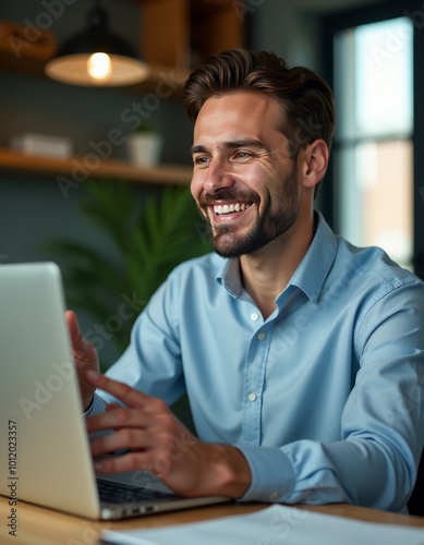 young man smiling, sitting at a desk, working on a laptop, modern office setting, warm ambient lighting, casual blue shirt, professional environment, depth of field, natural light, wooden shelves and 