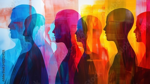 An abstract painting depicting silhouettes of people in vibrant colors, with bold brushstrokes of blue, red, yellow, and orange. The figures blend into the background, creating a dynamic and expressiv photo