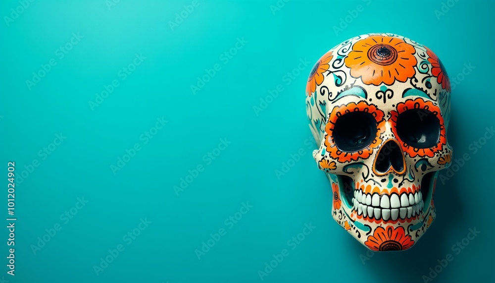 Day of the Dead Día de los Muertos Skull Blue Background Copyspace Intricate Cultural Symbolism Day of the Dead Día de los Muertos Skull Blue Background Copyspace Intricate Cultural Symbolism