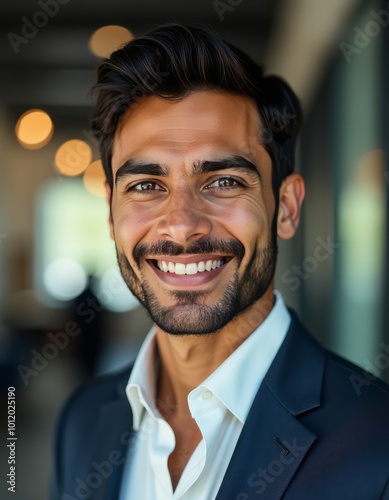 Cheerful handsome young indian guy posing by business center middle eastern businessman