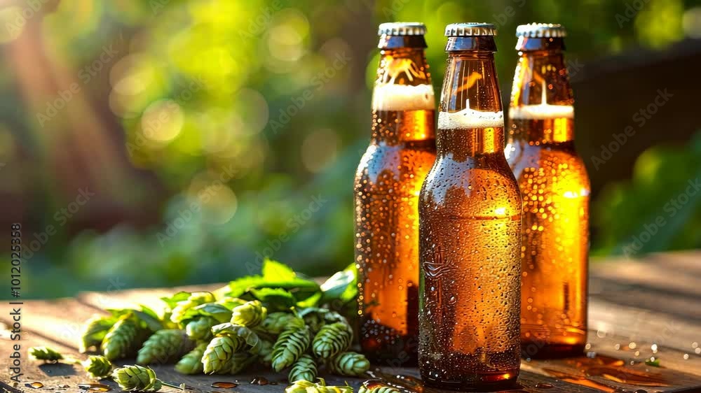 Three bottles of craft beer surrounded by fresh hops on a wooden table in a bright garden during a sunny day