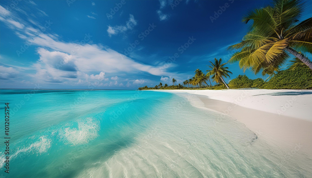Spectacular sea view with white sandy beach, blue sky and white clouds. An island and panoramic view in the Maldives. Spectacular sea view with white sandy beach, blue sky and white clouds. An island and panoramic view in the Maldives.