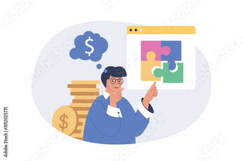 Business concept in modern flat design for web. Businessman analyzing financial strategy, solving job puzzles and finding solutions, developing company with investment money. Vector illustration.