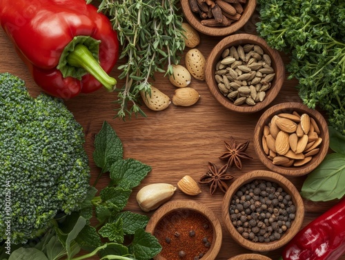 Wallpaper Mural Culinary Circle Fresh Ingredients Frame Central Space on Wooden Surface - Cooking Inspiration and Food Concept Torontodigital.ca