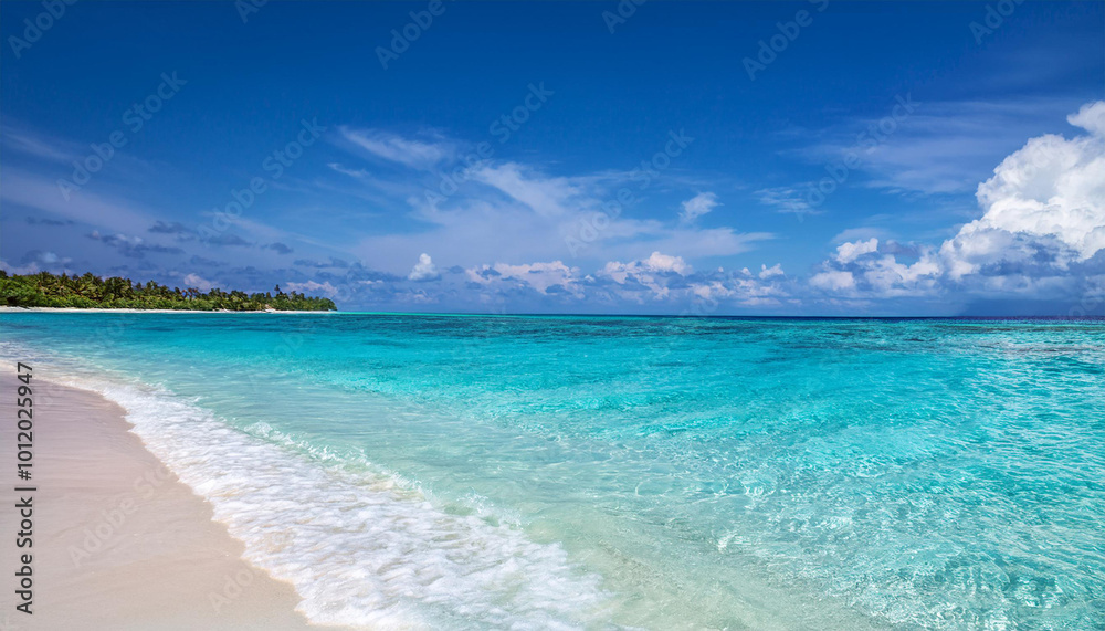Spectacular sea view with white sandy beach, blue sky and white clouds. An island and panoramic view in the Maldives.