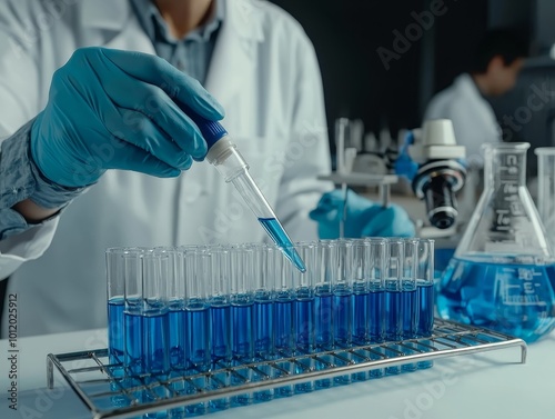 Precise Laboratory Experiment with Blue Liquid - Closeup of Gloved Hand Pipetting into Test Tubes in Scientific Setting - Scientific Investigation Concept