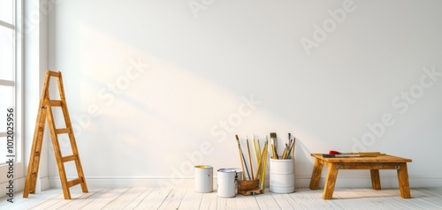 Serenity in Minimalism Closeup of White Wall with Wooden Accents in Modern Interior Setting, Soft Lighting and Subtle Textures, Inspirational Design Concept