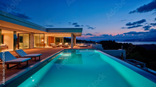 Luxurious modern hillside villa with infinity pool overlooking scenic lake and mountains at twilight, featuring open-plan design and illuminated interiors