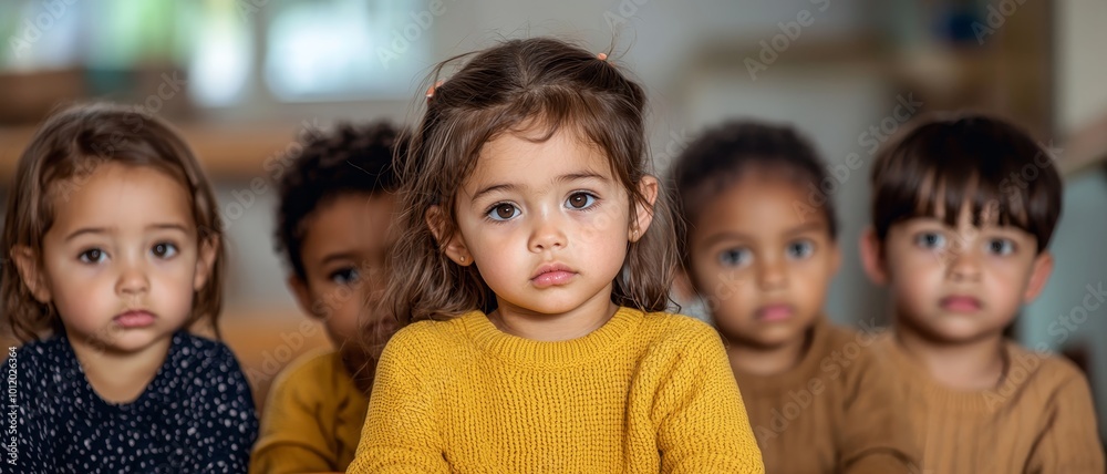 Obraz premium Serene Diversity Closeup Portrait of Thoughtful Children in Warm Indoor Setting