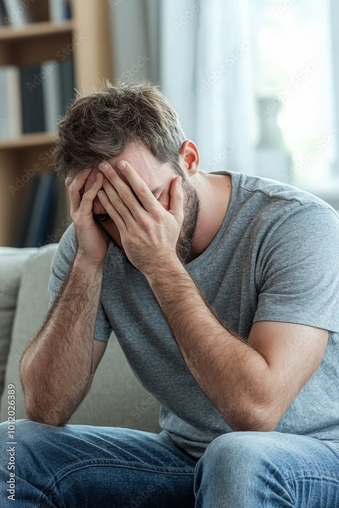 Introspective Portrait of a Sad Man Sitting on Couch in a Home Setting with Bookshelf and Window, Concept of Loneliness and Emotional Turmoil Introspective Portrait of a Sad Man Sitting on Couch in a Home Setting with Bookshelf and Window, Concept of Loneliness and Emotional Turmoil