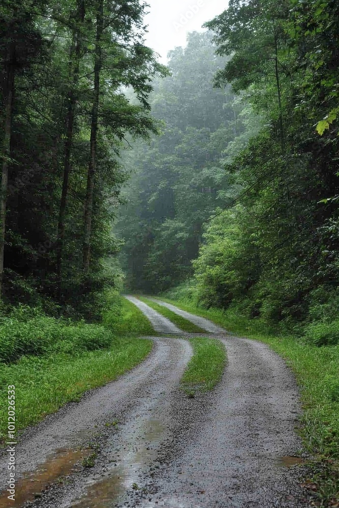 Obraz premium Tranquil Forest Path with Wet Gravel Road in Misty Greenery, Serene Nature Exploration Scene