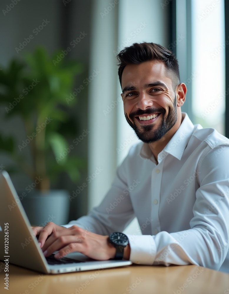 Portrait of young arab businessman inside office man typing on laptop smiling boss happy with results of financial success at workplace : generative ai middle eastern businessman