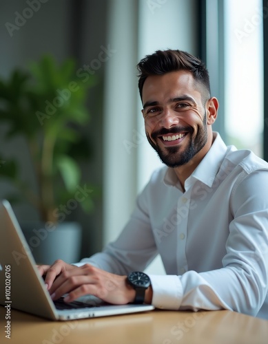 Obraz na płótnie Portrait of young arab businessman inside office man typing on laptop smiling boss happy with results of financial success at workplace : generative ai middle eastern businessman w salonie