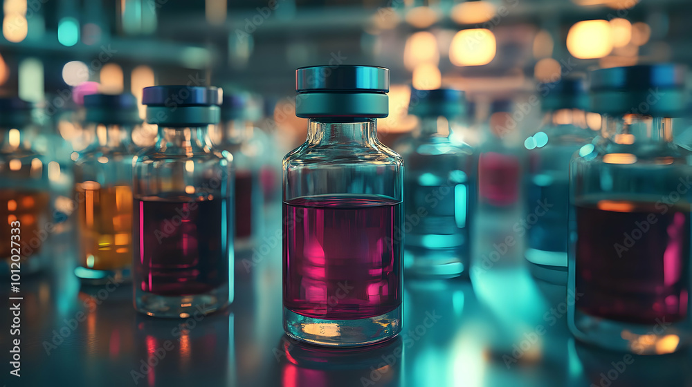 Closeup of Glass Bottles with Colored Liquids - 3D Illustration Closeup of Glass Bottles with Colored Liquids - 3D Illustration