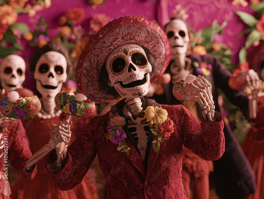 Obraz premium Vibrant Day of the Dead Skeleton in Red Suit Festive Celebration with Floral Decorations