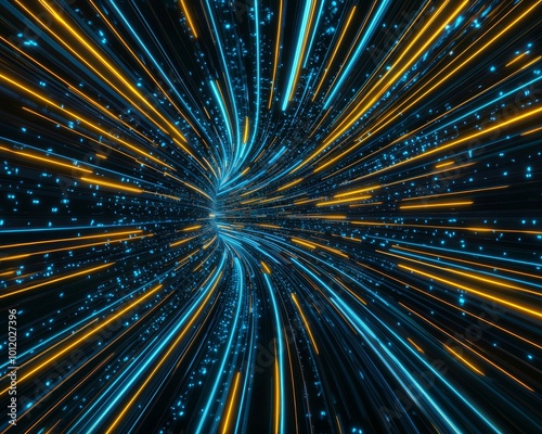 Futuristic Digital Tunnel with Vibrant Blue and Yellow Light Lines in Dark Space - Abstract Technology Concept for Modern Design