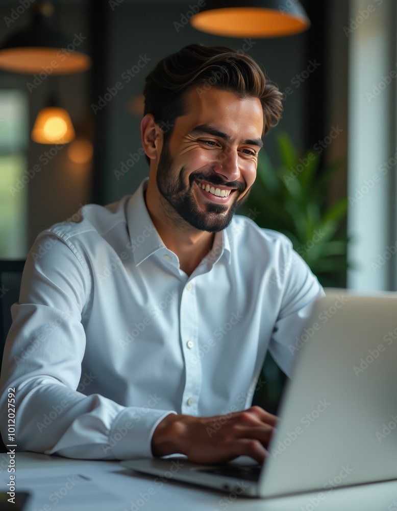 Happy smiling young middle eastern businessman using a laptop while doing arm stretching exercises in the office indian young man suffers from pain in his arm middle eastern businessman Happy smiling young middle eastern businessman using a laptop while doing arm stretching exercises in the office indian young man suffers from pain in his arm middle eastern businessman