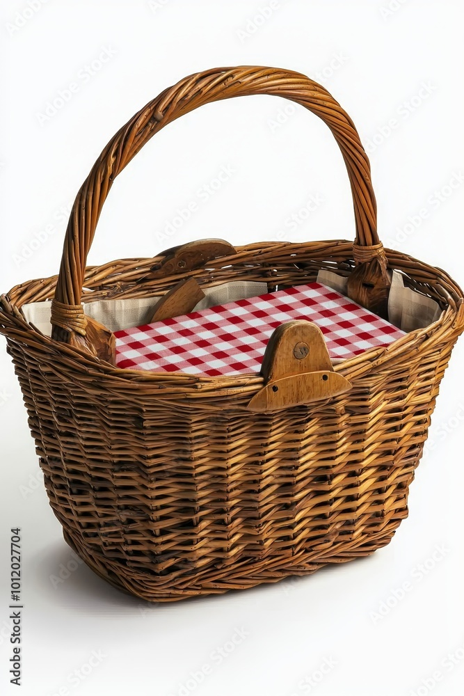 Rustic Wicker Picnic Basket with Red Checkered Blanket on White Background, Classic Outdoor Nostalgia Rustic Wicker Picnic Basket with Red Checkered Blanket on White Background, Classic Outdoor Nostalgia