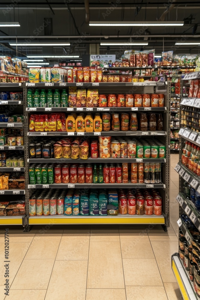 Fototapeta premium Vibrant Canned Goods Aisle Eye-catching Variety in Supermarket Brightly Lit Shelves with Colorful Labels, Metal Contrasts Commercial Marketing, Grocery Display