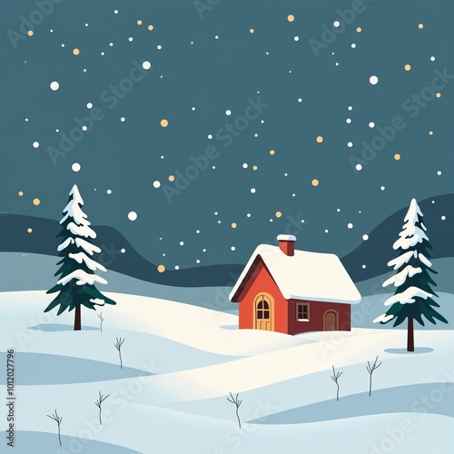 Cozy Winter Scene with Red Cabin and Snowy Pine Trees Under Starry Night Sky