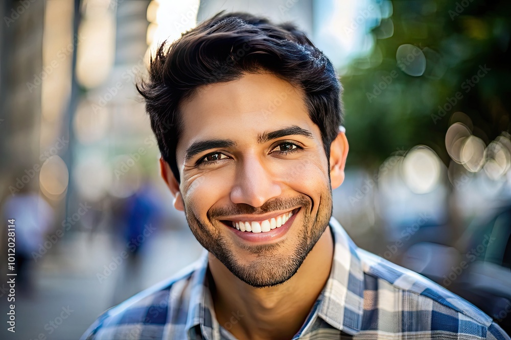 Fototapeta premium Confident Hispanic Male Smiling Against a Bright Background in Casual Attire with Natural Expression