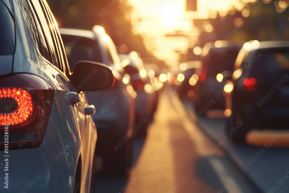 Cars at traffic jam during rush hour on highway, sunlight from the sky. Close up on car.