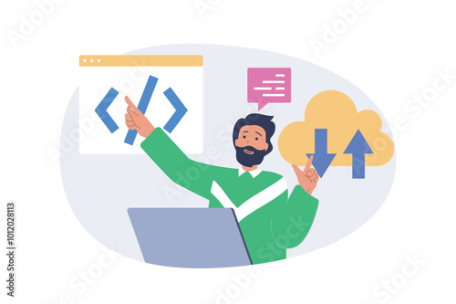 Cloud computing concept in modern flat design for web. Man programming code and using online processing service, downloading and uploading digital files for protective storage. Vector illustration.