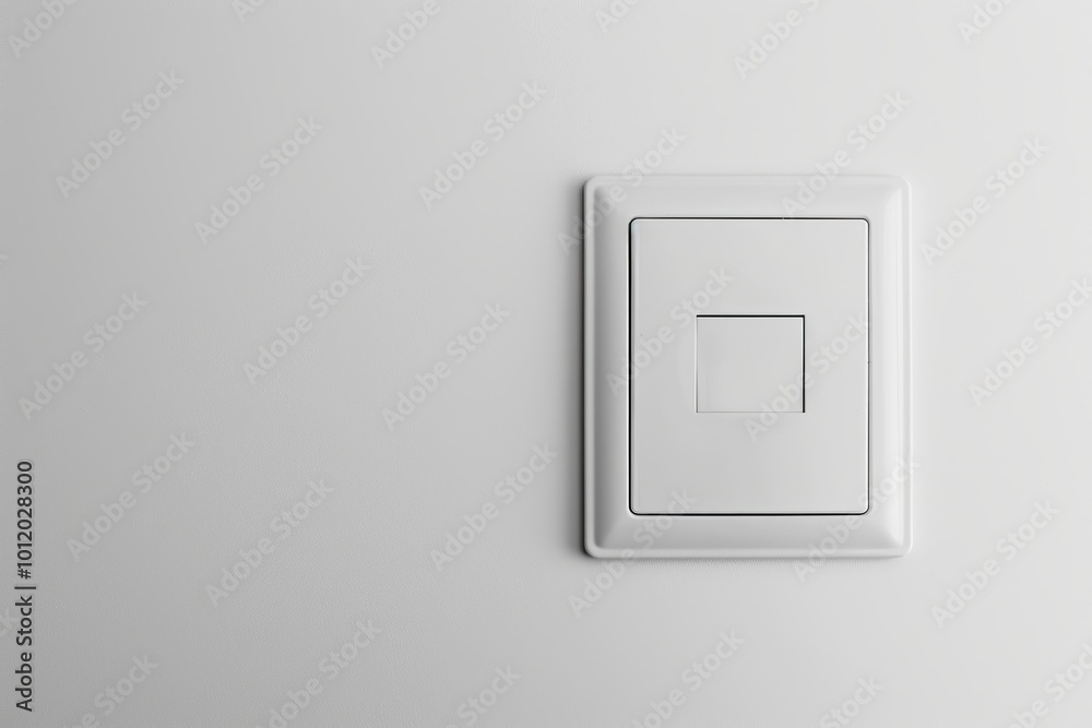 White light switch on white painted wall. Square shaped rocker switch paddle. Simplicity light switch box in Interior, gateway to illumination. Hit the lights. Saving electrical energy. Copy Space White light switch on white painted wall. Square shaped rocker switch paddle. Simplicity light switch box in Interior, gateway to illumination. Hit the lights. Saving electrical energy. Copy Space