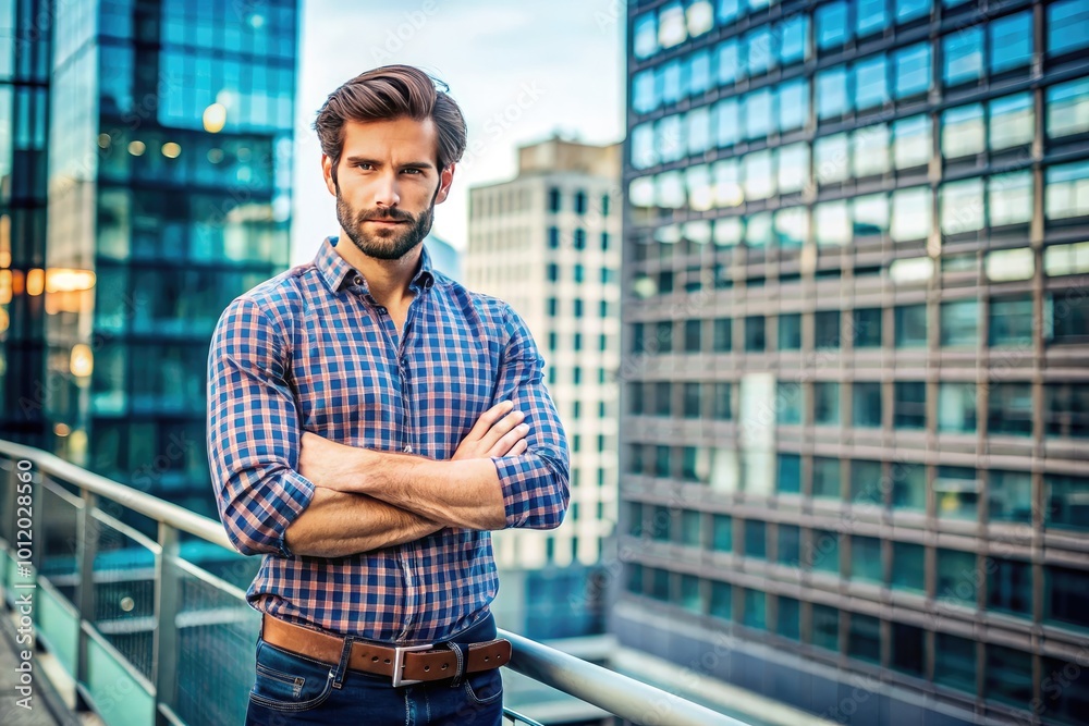 Confident man standing with arms crossed, dressed in casual attire against a modern urban backdrop Confident man standing with arms crossed, dressed in casual attire against a modern urban backdrop