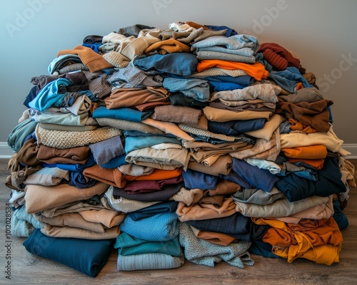 Chaotic Wardrobe Heap Tangled Threads of Cluttered Fashion on Wooden Floor - Unorganized Clothing Chaos in Warm Tones - Household Disarray and Overwhelm Concept photo