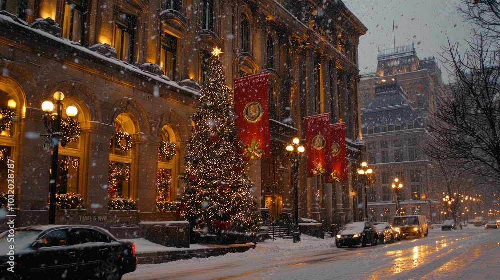 Elegant Christmas Decorations on Historic Building in Montreal with Snowfall and Festive City Lights Elegant Christmas Decorations on Historic Building in Montreal with Snowfall and Festive City Lights