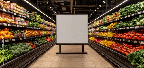 Symmetrical Grocery Store Aisle with Central Blank Sign, Fresh Produce, and Well-Lit Environment for Marketing and Advertising photo