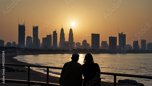 Silhouettes of arab gulf family People Against the jeddah Skyline at Sunset