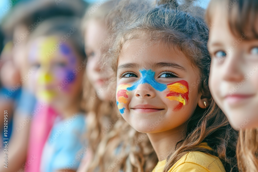 Smiling child with colorful face paint among peers