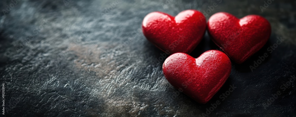 Obraz premium Three red hearts on a textured surface with soft lighting.