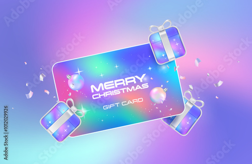 Merry christmas gift box rendering with gradient pastel and gift card. New Year gift box decoration. illustration vector premium.