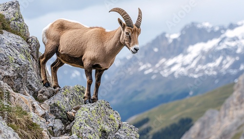 Agile mountain goat poised on a steep rocky ledge exemplifying the resilience of wildlife in rugged terrains.