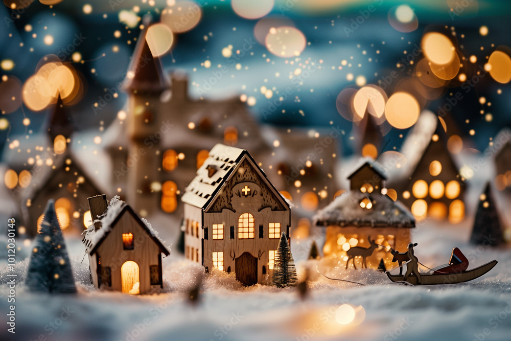 Fototapeta premium Christmas cute illustration. Adorable Christmas decor with wooden houses lit by candles and snowy landscape