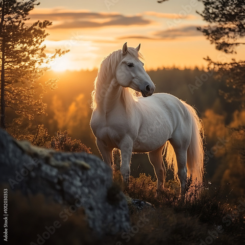 A white horse stands in front of a sunset, looking towards the camera