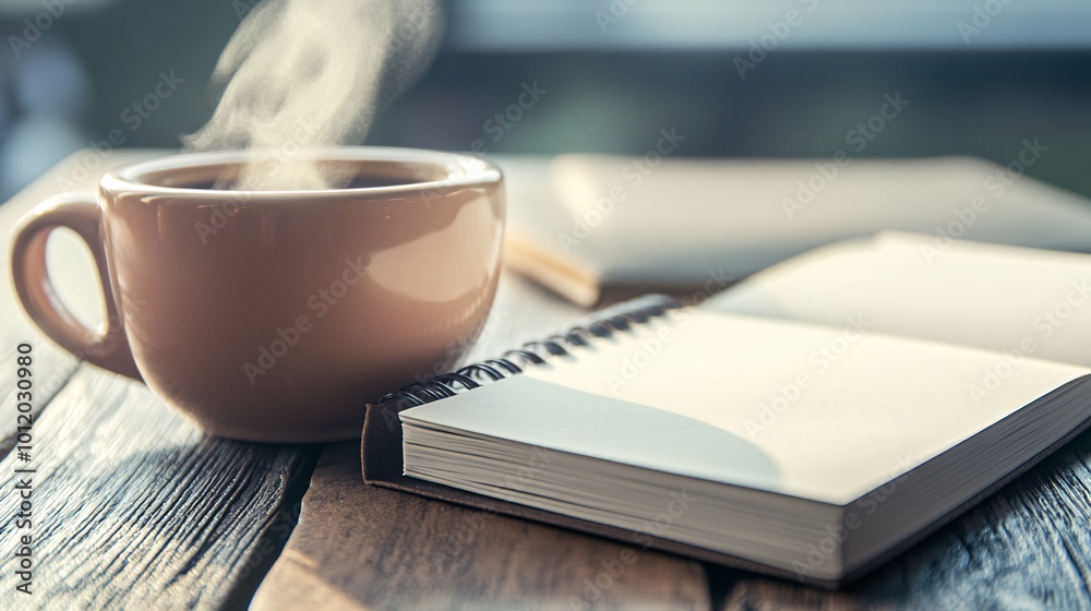 A cup of steaming coffee sits next to an open notebook on a rustic wooden table. A cup of steaming coffee sits next to an open notebook on a rustic wooden table.